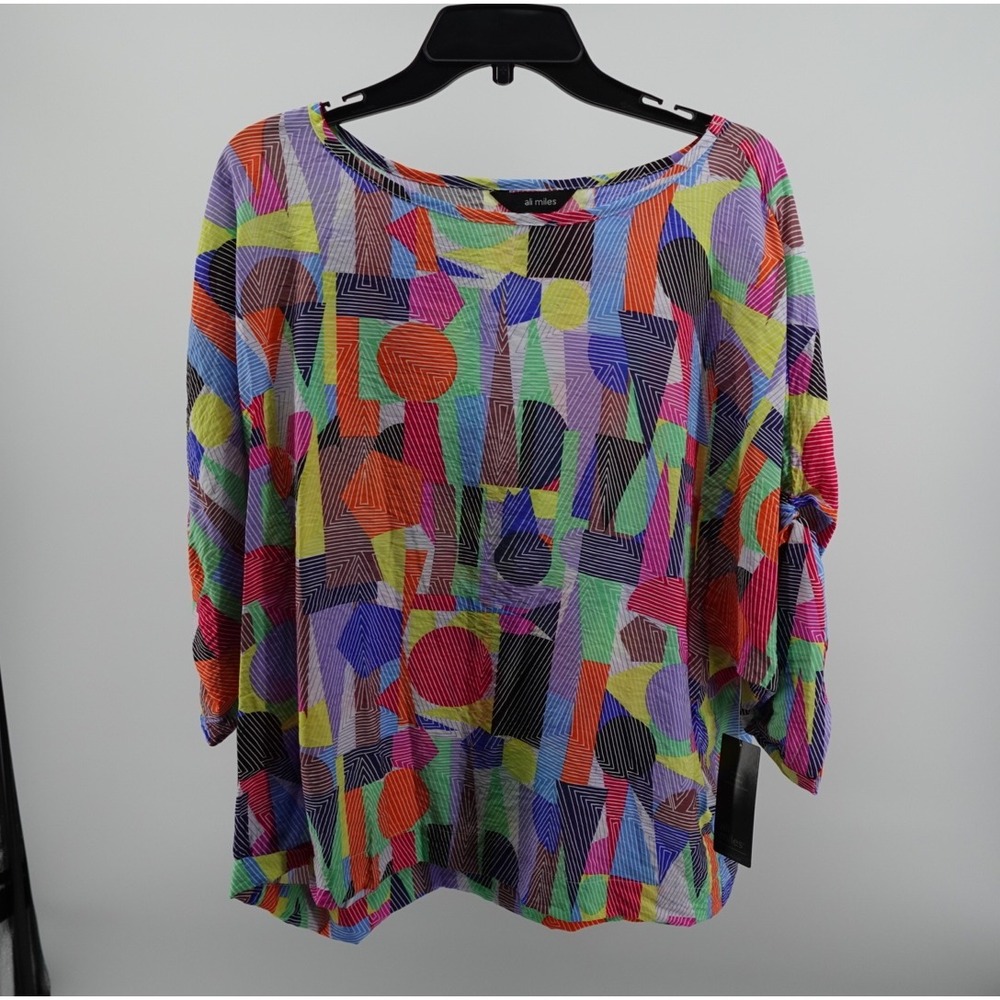 Ali Miles Womens Geometric Abstract Print 3/4 Sleeve Cinch Tie Top Multi color L